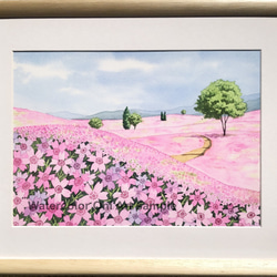 「芝桜の丘05」透明水彩画　原画　風景画　額縁付　F4サイズ 1枚目の画像