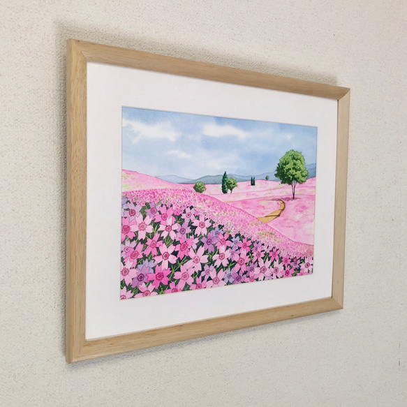 「芝桜の丘05」透明水彩画　原画　風景画　額縁付　F4サイズ 3枚目の画像