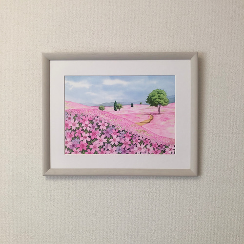 芝桜の丘05」透明水彩画 原画 風景画 額縁付 F4サイズ 絵画 Oni 芝桜の丘05」透明水彩画 原画 風景画 額縁付 F4サイズ 絵画 Oni