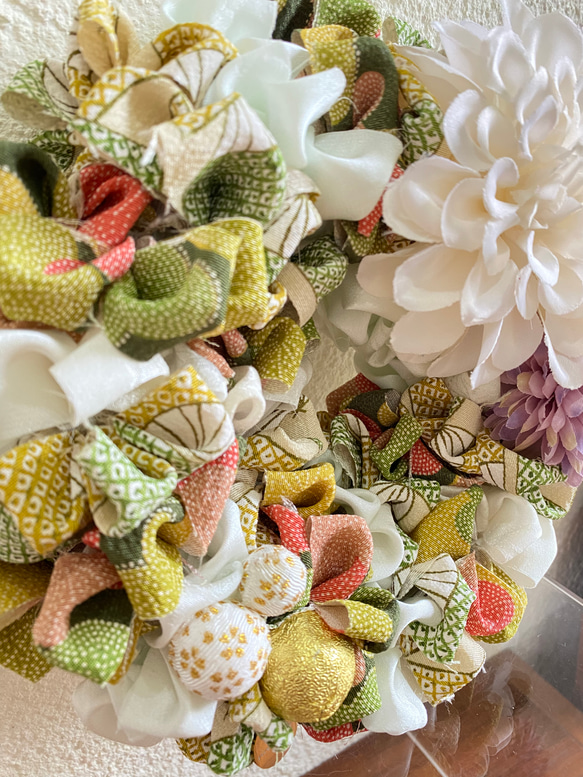 《着物リメイク》フリルリース（グリーン） 4枚目の画像