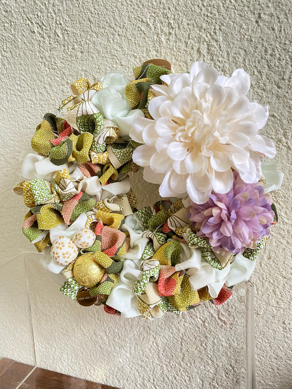 《着物リメイク》フリルリース（グリーン） 1枚目の画像