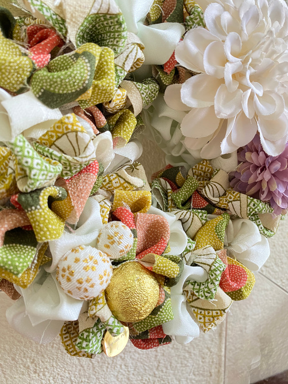 《着物リメイク》フリルリース（グリーン） 3枚目の画像