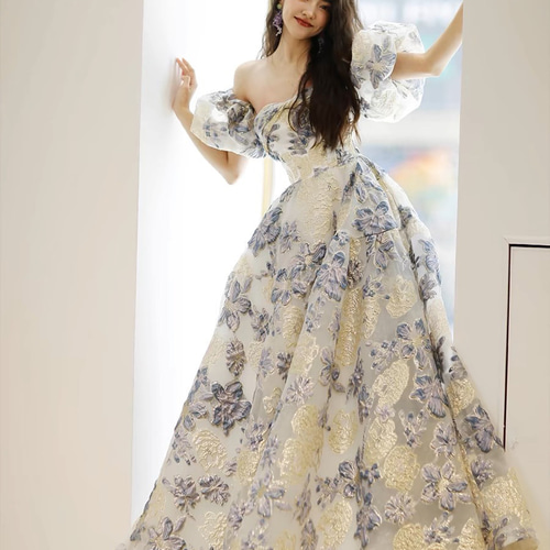 ウェディングドレス パフスリーブ 花柄ドレス オフショルダー Aライン