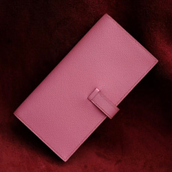 【SALE】二つ折り長財布　ベルト付き財布　高級な長財布　ヴォーエプソン/ピンク【総手縫い】 3枚目の画像