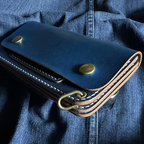 手縫い ロングトラッカーウォレット ブルー 革財布 長財布 長財布 LEGU