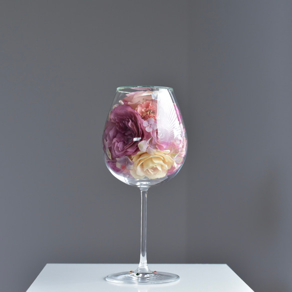 「Casva」薔薇と紫陽花のワイングラスのドライフラワー　ガラスドーム 2枚目の画像