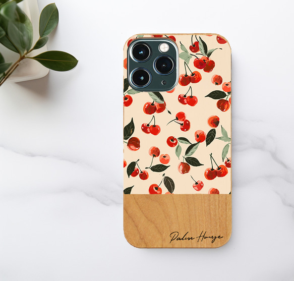 天然木♡名入れ♪チェリー＆クリーム Cherry&Cream iPhoneケース スマホケース 木製 5枚目の画像