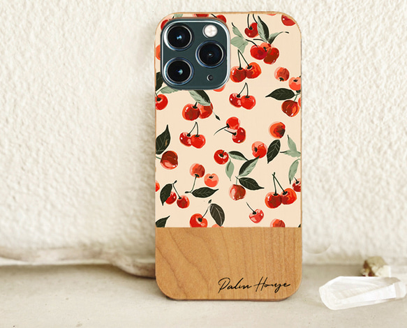 天然木♡名入れ♪チェリー＆クリーム Cherry&Cream iPhoneケース スマホケース 木製 1枚目の画像