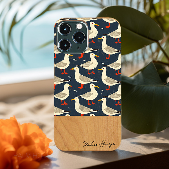 天然木♡名入れ♪Seagull シーガル カモメ iPhoneケース スマホケース 木製　かもめ ビーチ 鳥 海 2枚目の画像