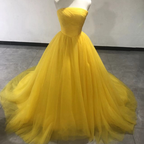 カラードレス イエロー ベアトップ ソフトチュール Aライン 披露宴  