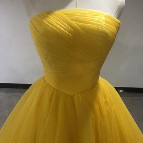 カラードレス イエロー ベアトップ ソフトチュール Aライン 披露宴  