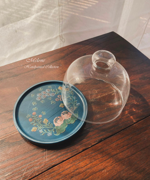 ガラスドームと木製プレート(直径16㌢)のセット✳︎ヨーロピアンペインティング　フルーツトレイ[すぐ届く母の日2024] 1枚目の画像