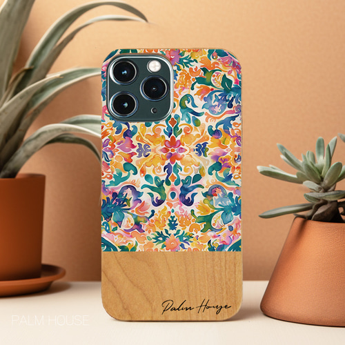 天然木♡名入れ♪エスニックフラワー オレンジ iPhoneケース
