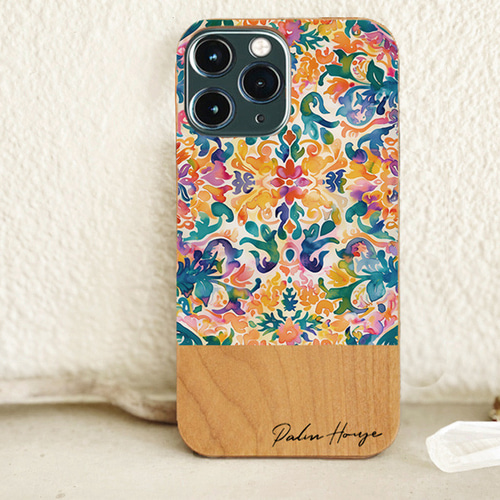 天然木♡名入れ♪エスニックフラワー オレンジ iPhoneケース