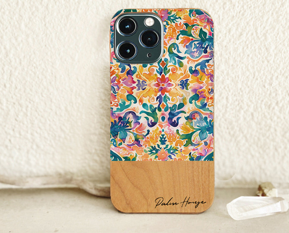 天然木♡名入れ♪エスニックフラワー オレンジ iPhoneケース