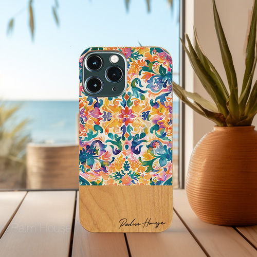 天然木♡名入れ♪エスニックフラワー オレンジ iPhoneケース