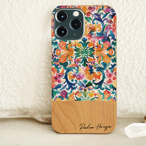 天然木♡名入れ♪エスニックフラワー ブルー iPhoneケース