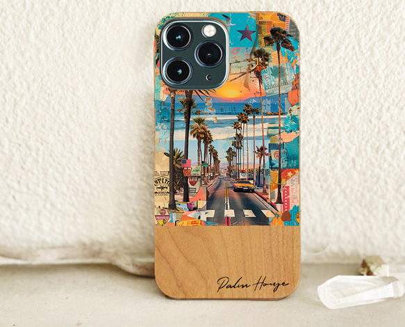 天然木♡名入れ♪コラージュ ロサンゼルス カリフォルニア iPhoneケース スマホケース 木製 LA ビーチ 1枚目の画像