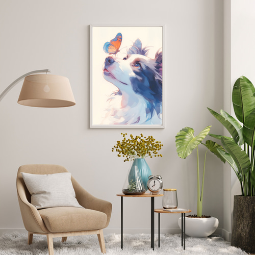✨新品✨】やさしい春の訪れ｜蝶とボーダーコリー 絵画