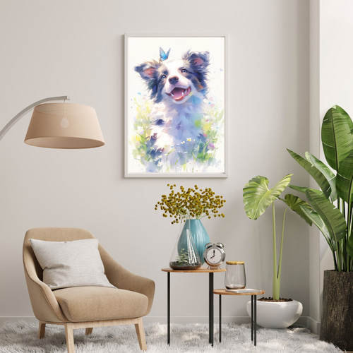 蝶犬戯舞 - ボーダーコリー犬の子犬 No.3】春・蝶・子犬・アート