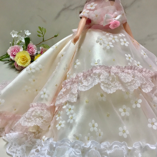 リカちゃん用可愛いさくら色の2wayドレス〜オーバースカート&パニエ