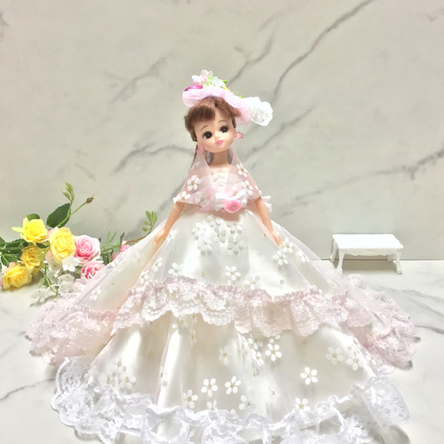 リカちゃんハンドメイドドレス　No.152 リカちゃん用可愛いさくら色の2wayドレス〜オーバースカート&パニエ