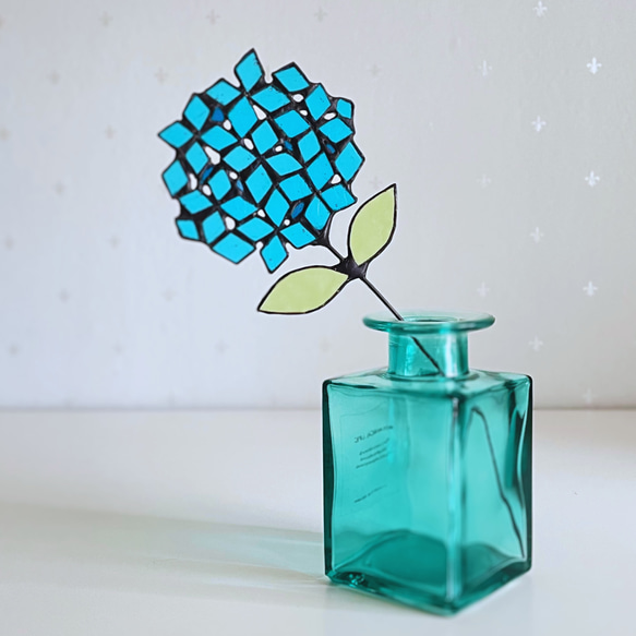 ステンドグラス「紫陽花ブルー」 ☆ 送料無料 ステンドグラス お花 ☆紫陽花 ブルー フラワー