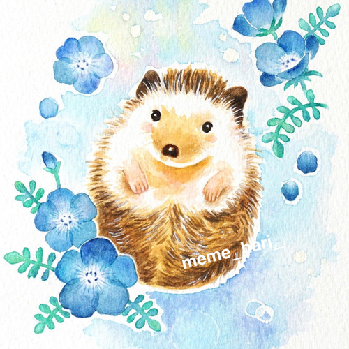 ただいま在庫なし　コンパクトミラー［ネモフィラとハリネズミ］水彩イラスト　手鏡 コンパクトミラー［ネモフィラとハリネズミ］水彩イラスト 手鏡