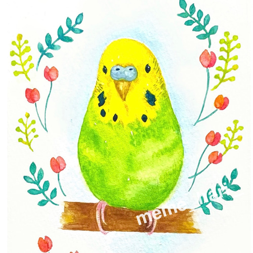 ポストカード［チューリップとインコ］ 手描き 水彩イラスト ポスト