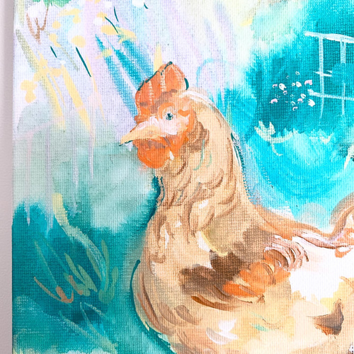 羽ばたくニワトリ　アクリル画　原画
