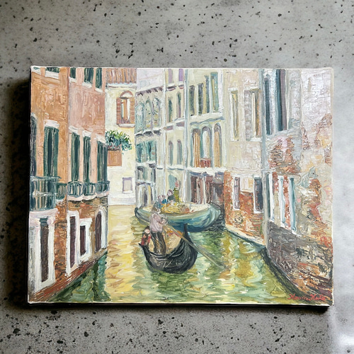 【真作】絵画　油彩6号　ベニス　ヴェネツィアの水路とゴンドラ　異国情緒　U112 真作】絵画 油彩6号 ベニス ヴェネツィアの水路とゴンドラ 異国
