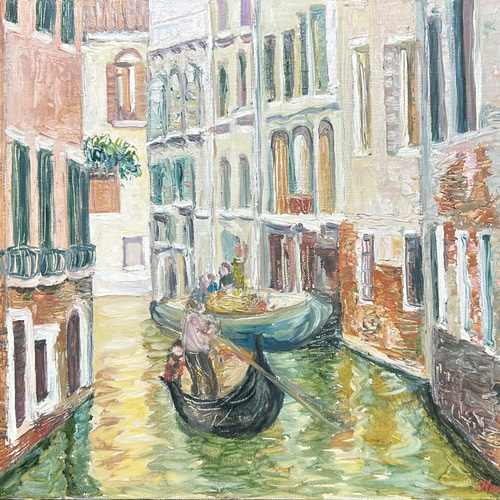 運河を行く(イタリア、ヴェネツィア、油絵F6号、原画一点物