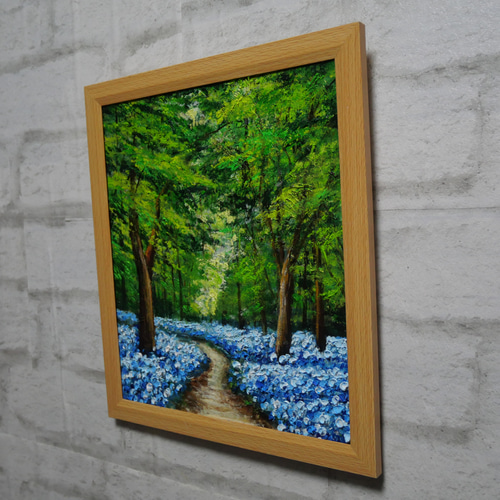 油絵 油彩 油彩画 絵画 絵【くじゅう連山と青い花】 hydrangea】F10 絵画 油絵 キャンバス 青 ブルー 花 フラワー 花