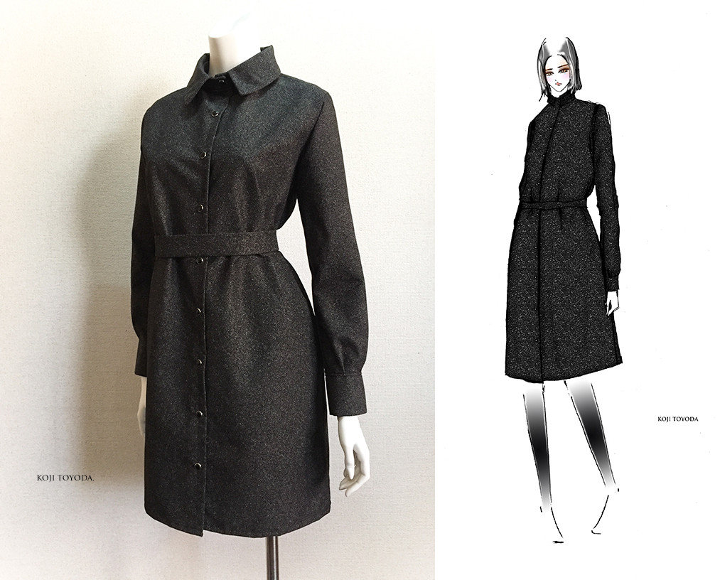 【1点もの・デザイン画付き】アパレルブランド綿ポリ系ツイード風生地シャツ型コートワンピース（KOJI TOYODA）