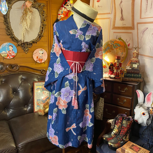 浴衣 ハンドメイド リメイク ワンピース ドレス 古着 和洋折衷 レトロ 
