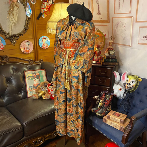 和洋折衷 古着 洗える 化繊 着物 和 ハンドメイド リメイク ワンピース ドレス 名古屋帯サッシュベルト KW-329 5枚目の画像