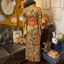 和洋折衷 古着 洗える 化繊 着物 和 ハンドメイド リメイク ワンピース ドレス 名古屋帯サッシュベルト KW-329 6枚目の画像