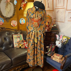 和洋折衷 古着 洗える 化繊 着物 和 ハンドメイド リメイク ワンピース ドレス 名古屋帯サッシュベルト KW-329 2枚目の画像