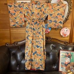 和洋折衷 古着 洗える 化繊 着物 和 ハンドメイド リメイク ワンピース ドレス 名古屋帯サッシュベルト KW-329 7枚目の画像