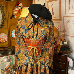 和洋折衷 古着 洗える 化繊 着物 和 ハンドメイド リメイク ワンピース ドレス 名古屋帯サッシュベルト KW-329 3枚目の画像