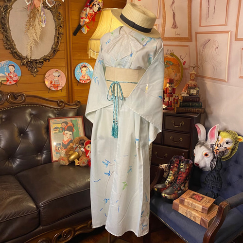 夏着物 ワンピース ドレス ハンドメイド リメイク 帯サッシュ