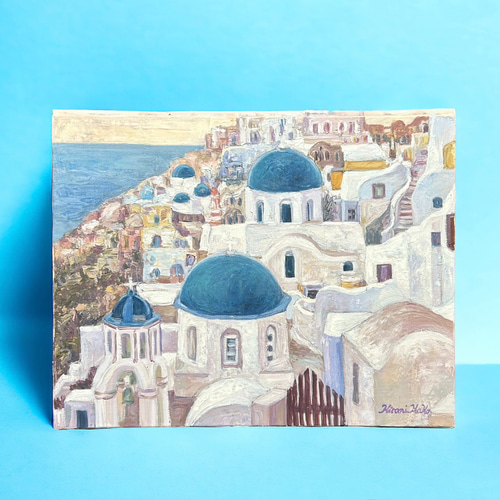 油絵　「ギリシャ」 風景画 8号 額装付き 絵画 ギリシャ 風景画(街並み) エーゲ海に浮かぶ船 インテリア