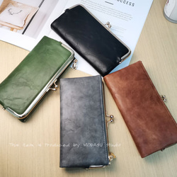 大容量長財布 がま口 レディース 高級感 がまぐち レザー 財布 コンパクト 機能性 グリーン ブラック FW22 2枚目の画像