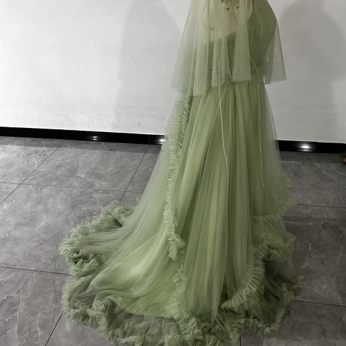 パーティードレス グリーン デザイン感 二次会 トップス+キャミソール  