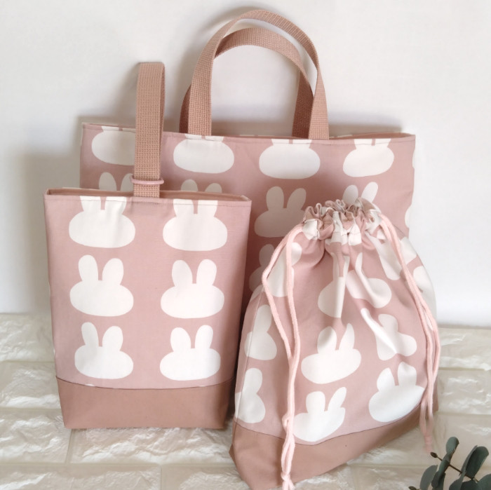 《送料無料》通園・通学3点セット・ウサギさん・ピンク　レッスンバッグ&上履き入れ&体操着袋　＃n520