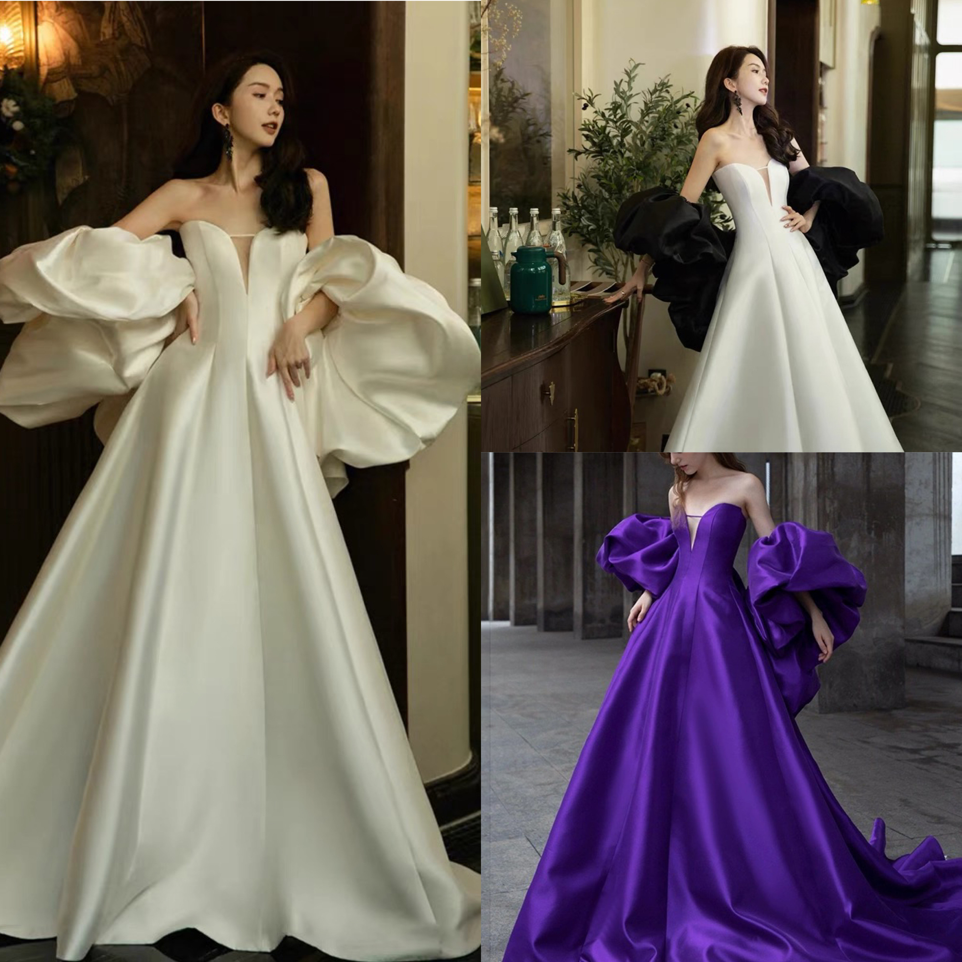 ウェディングドレス　ボリューム袖　サテン　Aライン　二次会　前撮り（WD242149）