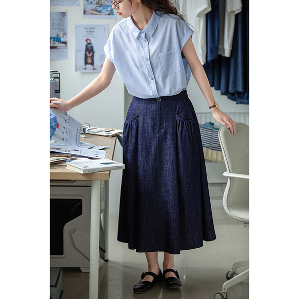 コットン混紡デニムスカート　ゴムウエストスカート　ブルーデニムスカート　S-L　S250 7枚目の画像