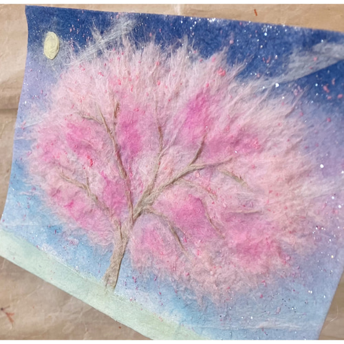 和紙ちぎり絵『満月と桜の木』葉書サイズ原画 絵画 彩紘工房 和紙ちぎり絵『満月と桜の木』葉書サイズ原画 絵画 彩紘工房
