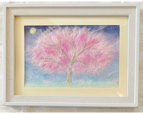 和紙ちぎり絵『満月と桜の木』葉書サイズ原画 絵画 彩紘工房 和紙ちぎり絵『満月と桜の木』葉書サイズ原画 絵画 彩紘工房