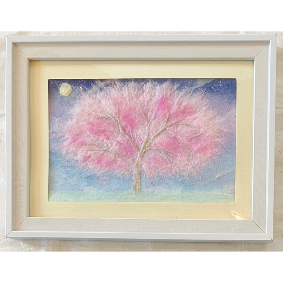 ネット限定お買い得商品 - ショップチャンネル 和紙ちぎり絵『満月と桜の木』葉書サイズ原画 彩紘工房 絵画 その他